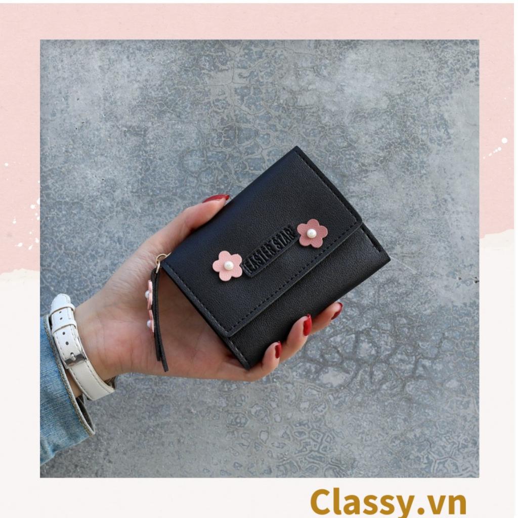 Ví nữ ngắn Classy dạng gập đính hoa, nhiều ngăn đựng thẻ, có nút bấm T1307