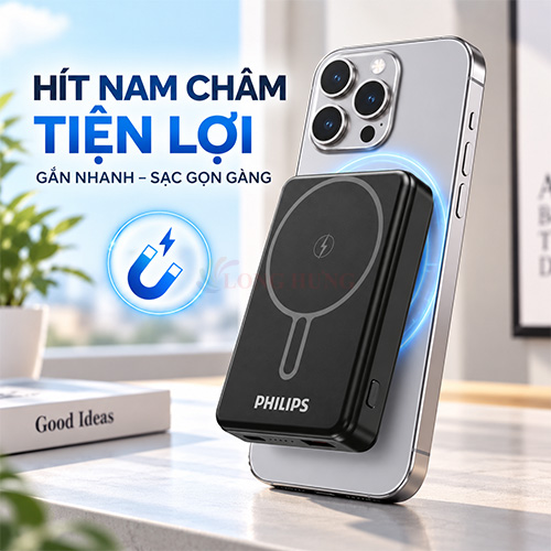Sạc dự phòng từ tính Philips Power Bank Wireless 15W 10000mAh DLP6759CB/70 - Hàng chính hãng