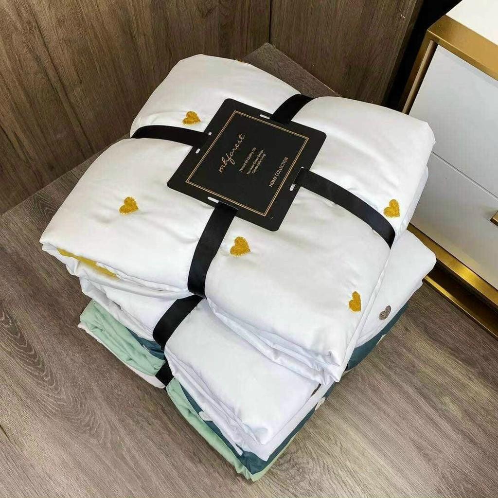 Set chăn ga lụa hoạt tính thêu tim mẫu mới, chăn chần bông SÉT 4 MÓN