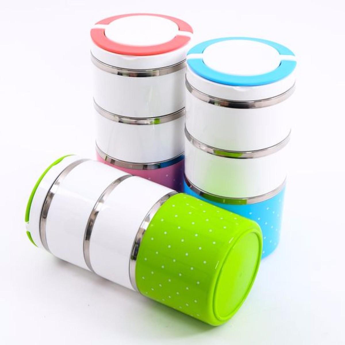 Hộp Cơm Giữ Nhiệt 3 Tầng Chấm Bi Ruột Inox Giao Ngẫu Nhiên Màu - Hàng Loại 1