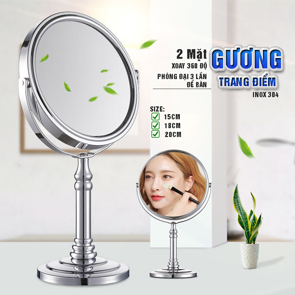 Gương trang điểm phóng đại 3 lần, xoay 360 độ, 2 mặt siêu nét, để bàn, Inox 304, Size 13cm, 15cm, 18cm, 20cm, Dan House 515