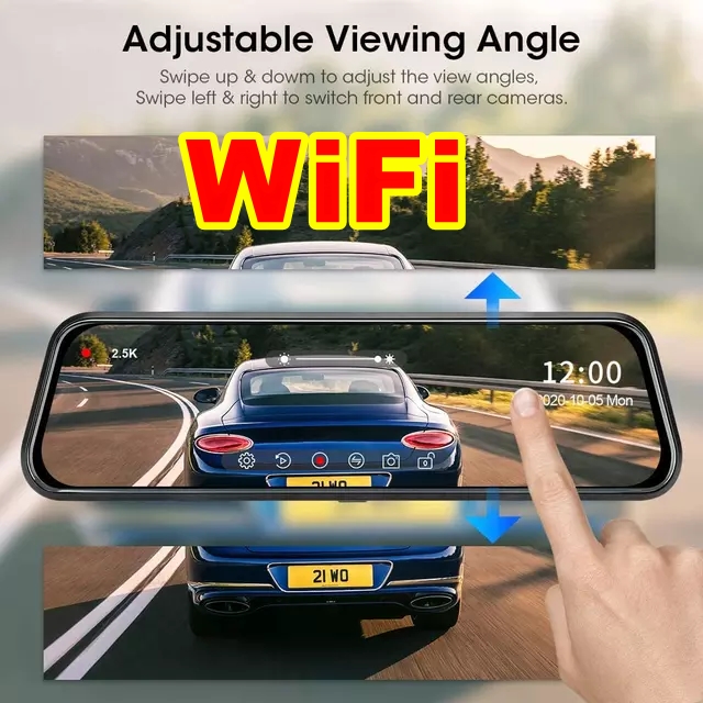 Camera WiFi hành trình ô tô Gương chiếu hậu 9.66 inch Full gương -Màn hình cảm ứng -Kết nối điện thoại video 2K sắc nét - Camera kép trước và sau