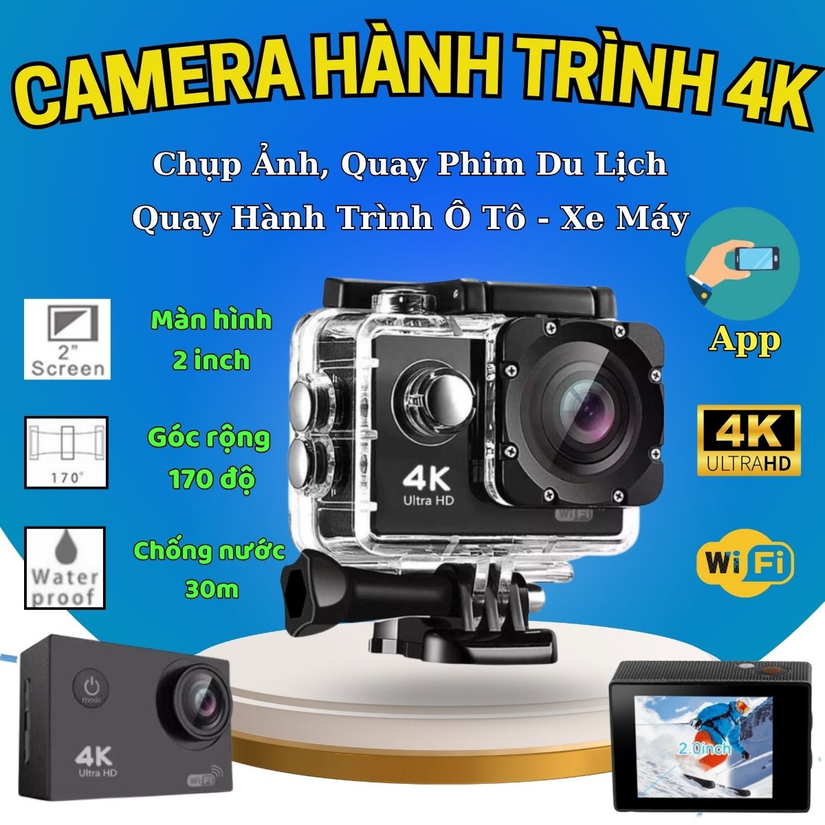 Camera Hành Trình 4k Sport 1080P Chống Nước Chống Rung, Cam Hành Động, Action Camera, Camera Gắn Ô Tô Xe Máy Xe Đạp Du Lịch kết Nối Wifi Hỗ Trợ Quay Đêm Lấy Nét Tự Động