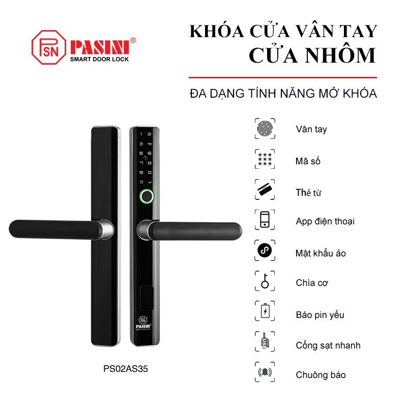 Khóa điện tử thông minh khóa vân tay cửa nhôm PASINI PS01AB35 (Đen) PS02AS35 (Bạc) cho cửa nhôm xingfa, sắt, inox