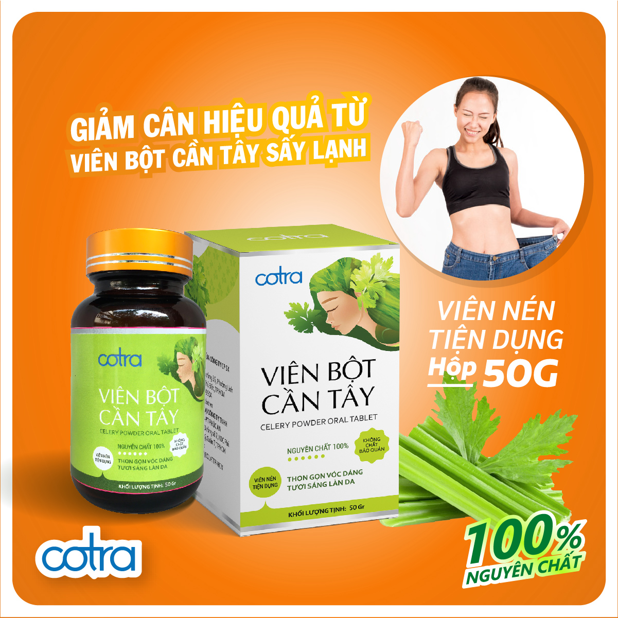 Viên bột cần tây nguyên chất sấy lạnh COTRA (Hủ 50g, 80g) hỗ trợ giảm cân, detox cơ thể, đẹp da trắng da, giàu chất xơ, giảm cao huyết áp