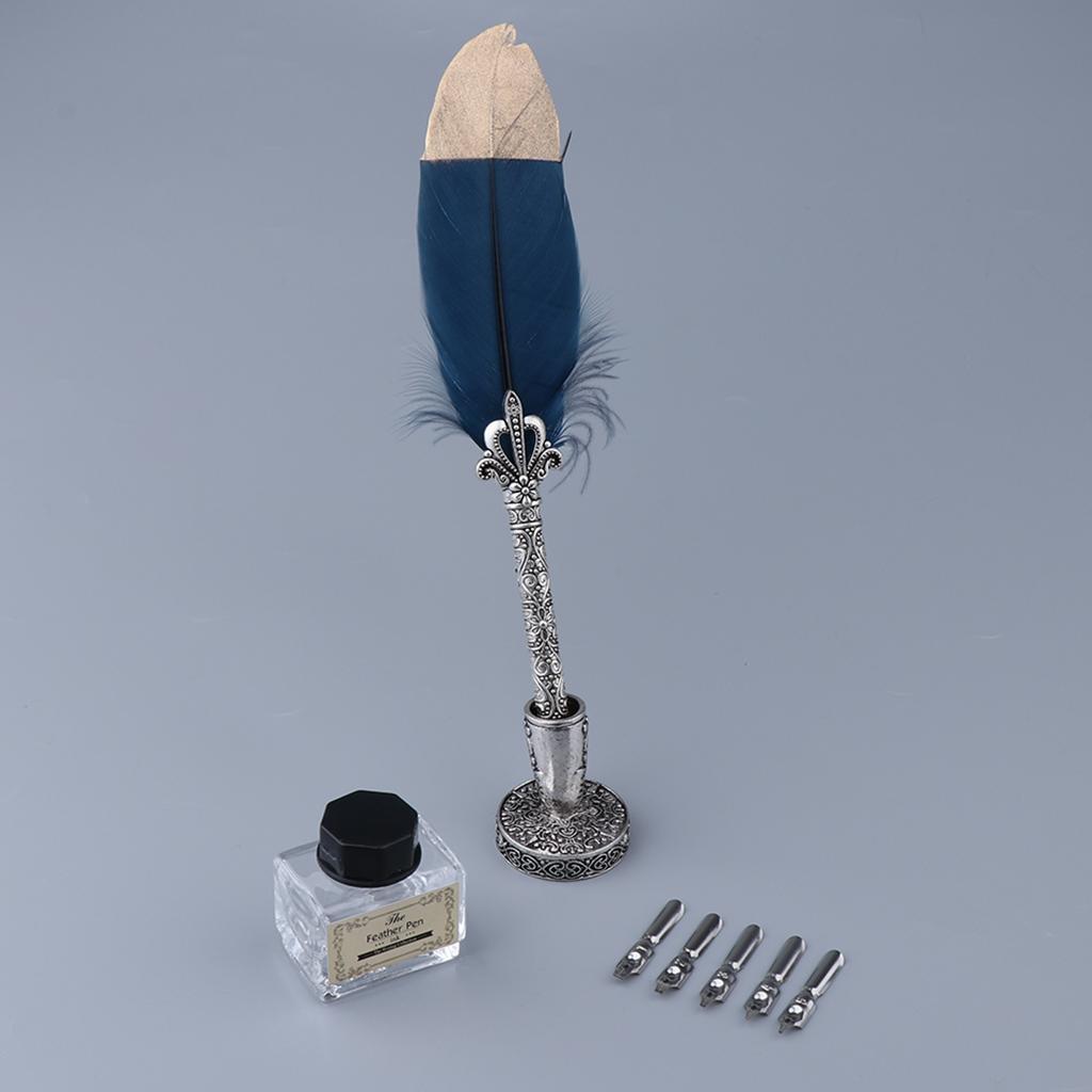 Feather Quill Pen Set, Dip Pen with 5 Nibs and Ink Bottle Pen Holder Calligraphy Pen in Gift Box for Student Teacher
