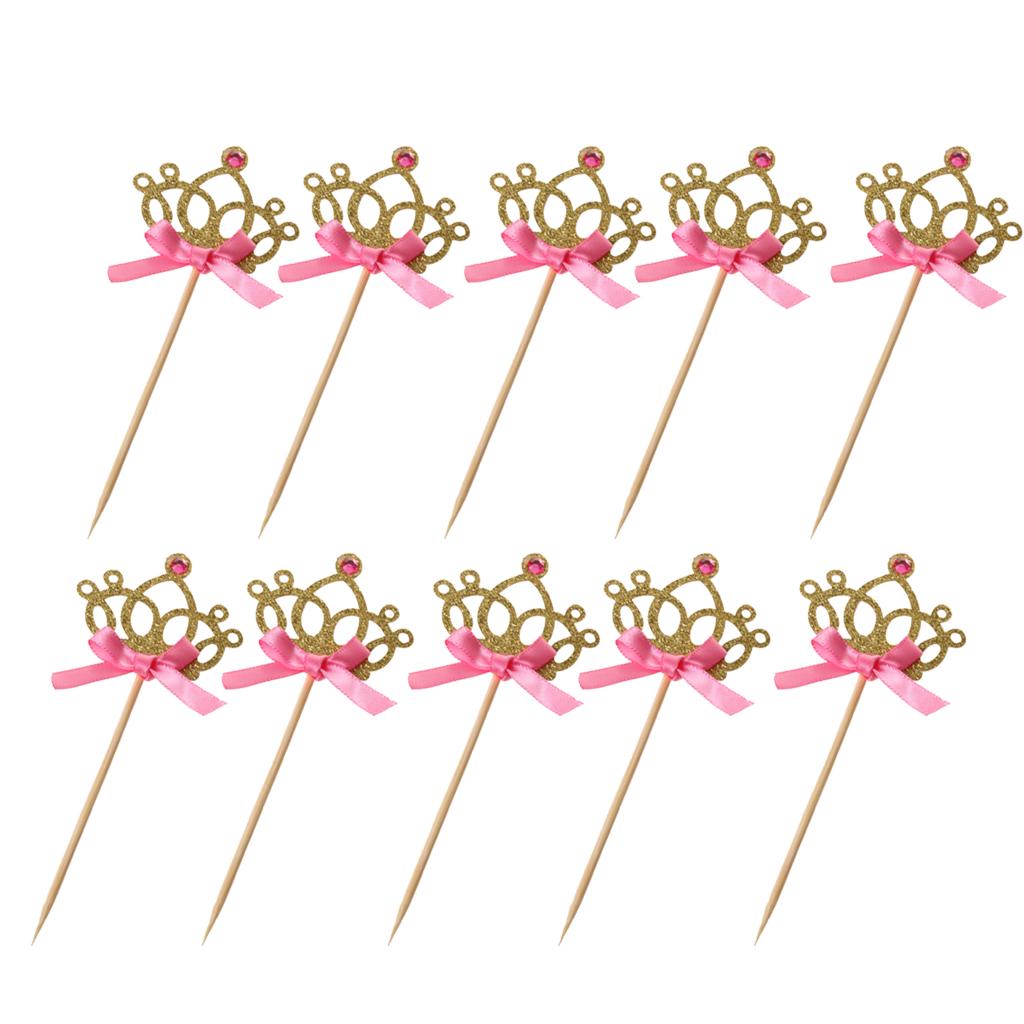 10pcs/set Crown Cake Topper Cupcake Picks with Ribbon Pink and Gold