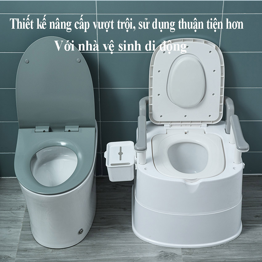 Bô cho người già - Bồn cầu di động CÓ TAY VỊN, TỰA LƯNG, NẮP KÉP NGĂN MÙI VÀ CHỐNG TRƯỢT BO QUANH cho người già, phụ nữ mang thai, người bệnh khó vận động