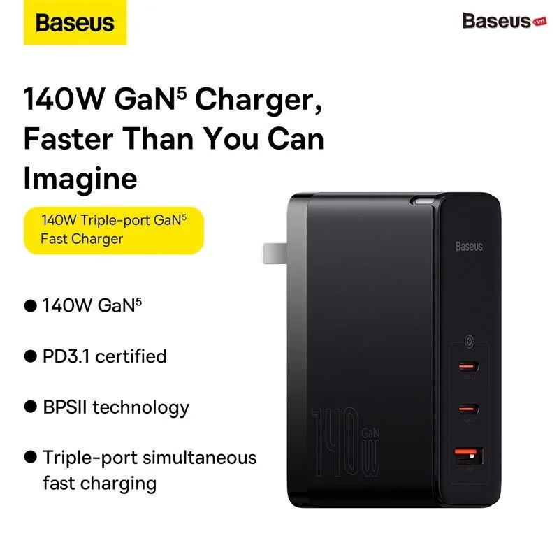 Củ Sạc Nhanh Baseus GaN5 Pro Fast Charger 140W (kèm cáp C to C , Type C*2 + USB, PD/ QC4.0/ QC3.0/ AFC/ FCP Quick-Charger) Hàng chính hãng