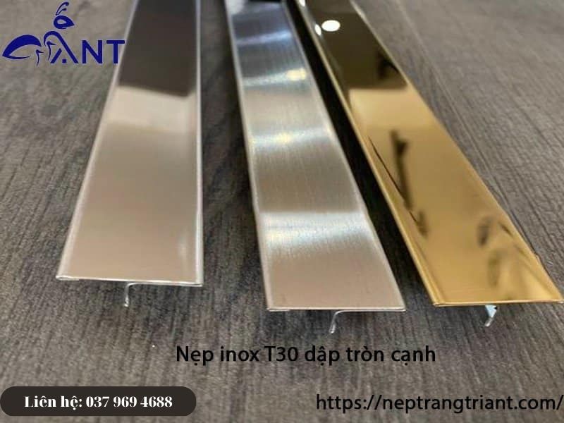 Nẹp inox T30 dập tròn cạnh, nẹp trang trí, thanh dài 2m44, dày 0.6 li, giá bán theo thanh
