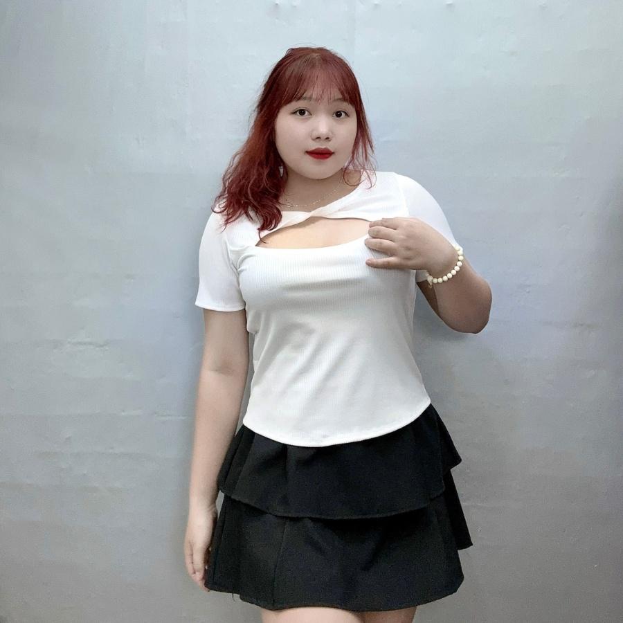 Áo thun tay ngắn xẻ ngực bigsize xoắn cổ tròn BIGSIZE CÔ NHỎ dáng croptop, Áo phông phom rộng 60-95kg G119