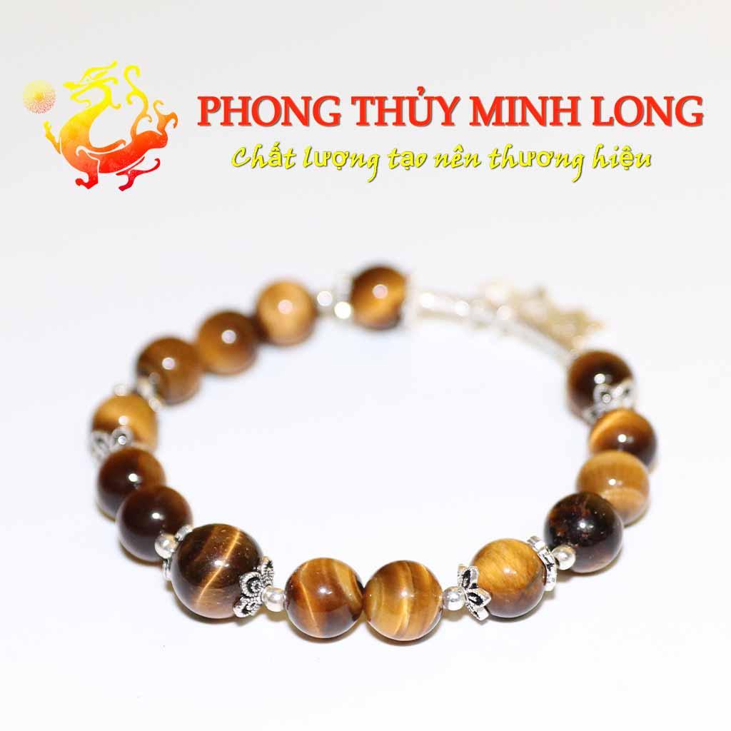 Vòng tay đá Mắt Hổ Vàng Nâu mix túi tiền lá bạch dương bạc nhỏ xinh với người mệnh Thổ và Kim