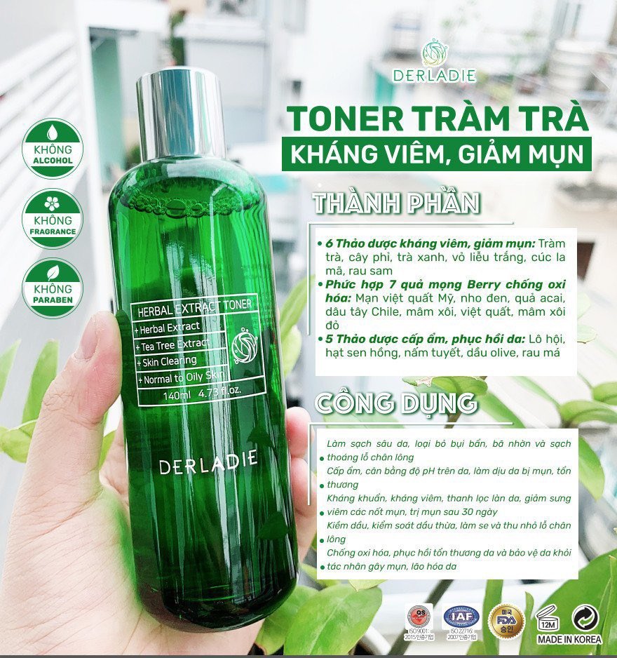 Nước Hoa Hồng Tràm Trà Giảm Mụn Derladie Herbal Extract Toner 140ml + Tặng Kèm 1 Băng Đô Tai Mèo