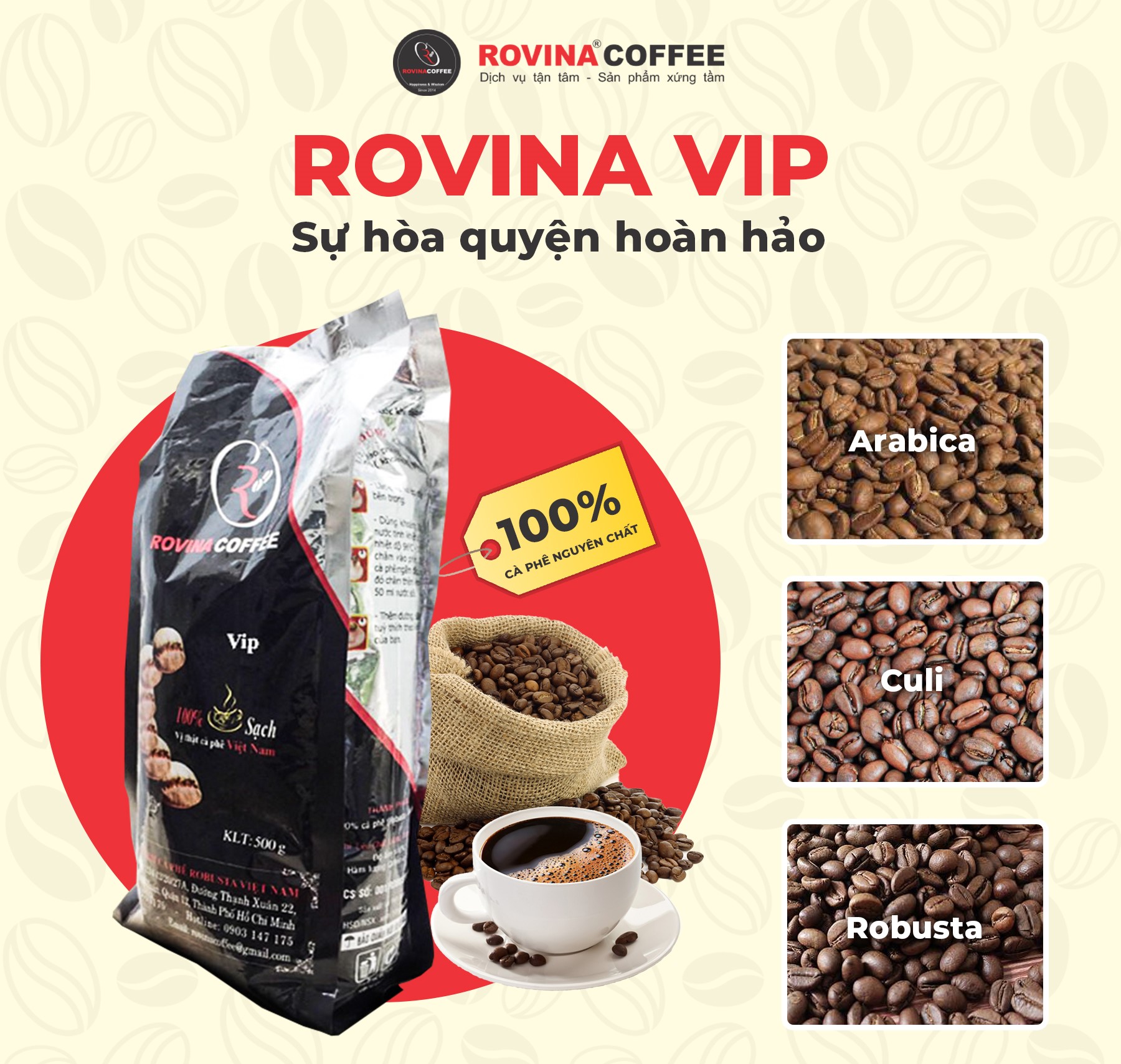 Cà Phê Rovina VIP Pha Phin - Gói 500gr ( Xay Sẵn) Mùi Vị Đặc Trưng Cân Bằng Phù Hợp Với Khách Hàng Thích Uống Cafe Có Mùi Thơm Quyến Rũ, Chua Nhẹ. Đúng Gu Âu