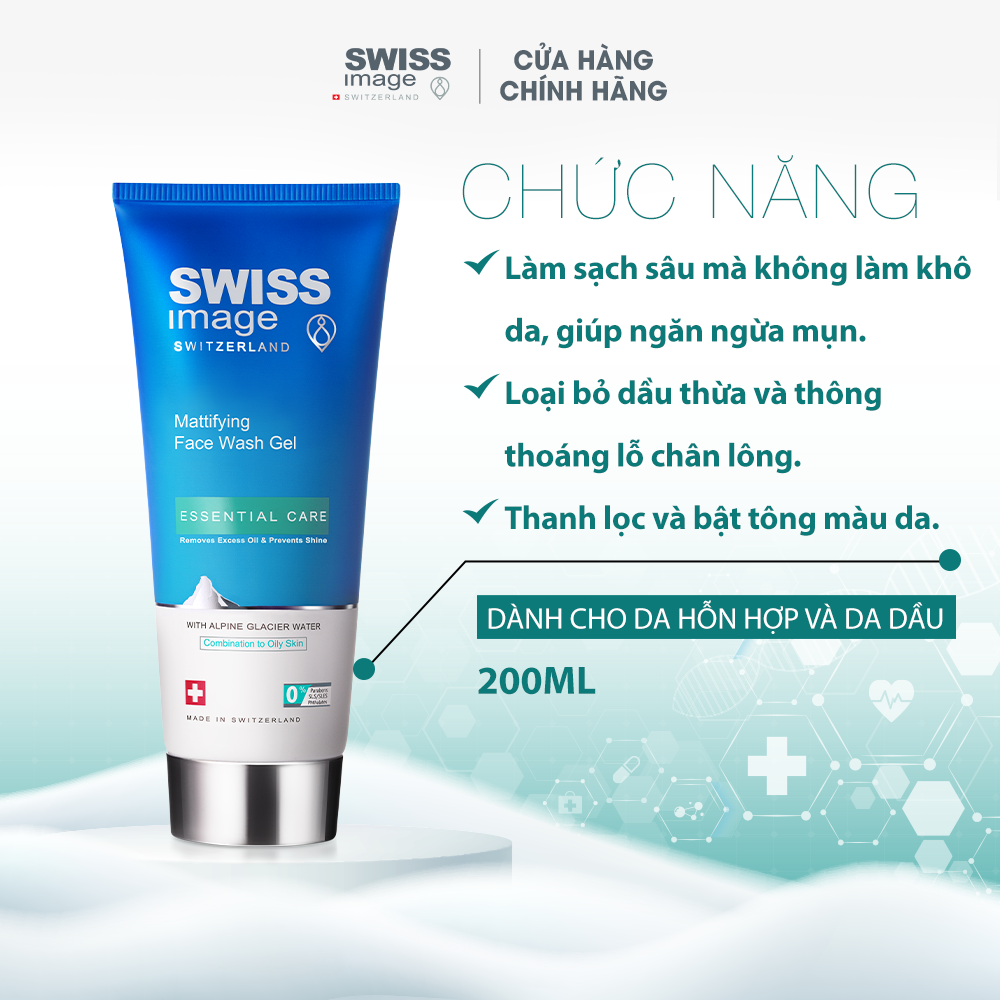 Gel rửa mặt làm sạch dành cho da hỗn hợp và da dầu Swiss Image Mattifying Face Wash Gel 200ml