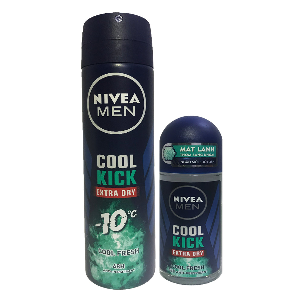 Bộ đôi Lăn khử mùi 50ml và Xịt Khử mùi 150ml Nivea Men Cool Kich Extra Dry- Cool Fresh 48h-Mẫu Mới