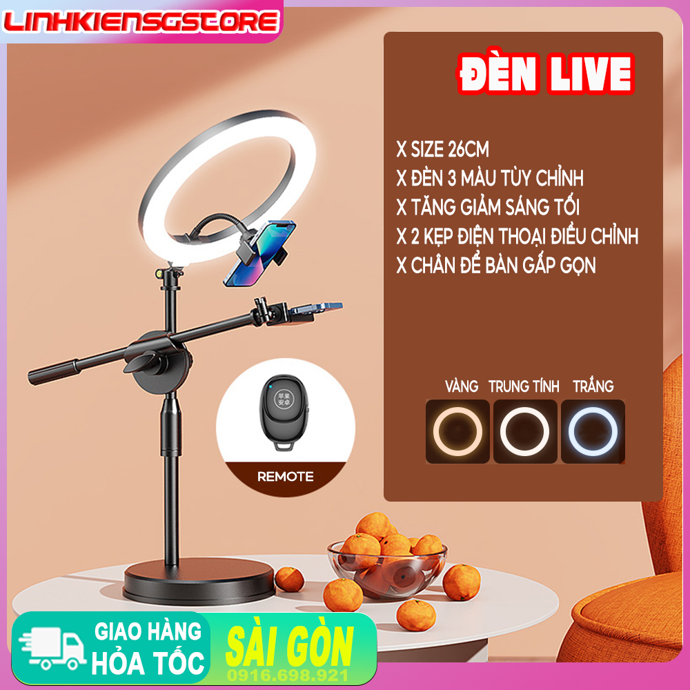 Bộ đèn học online livestream 2 kẹp điện thoại chân C02 để bàn gấp gọn kèm remote bluetooth