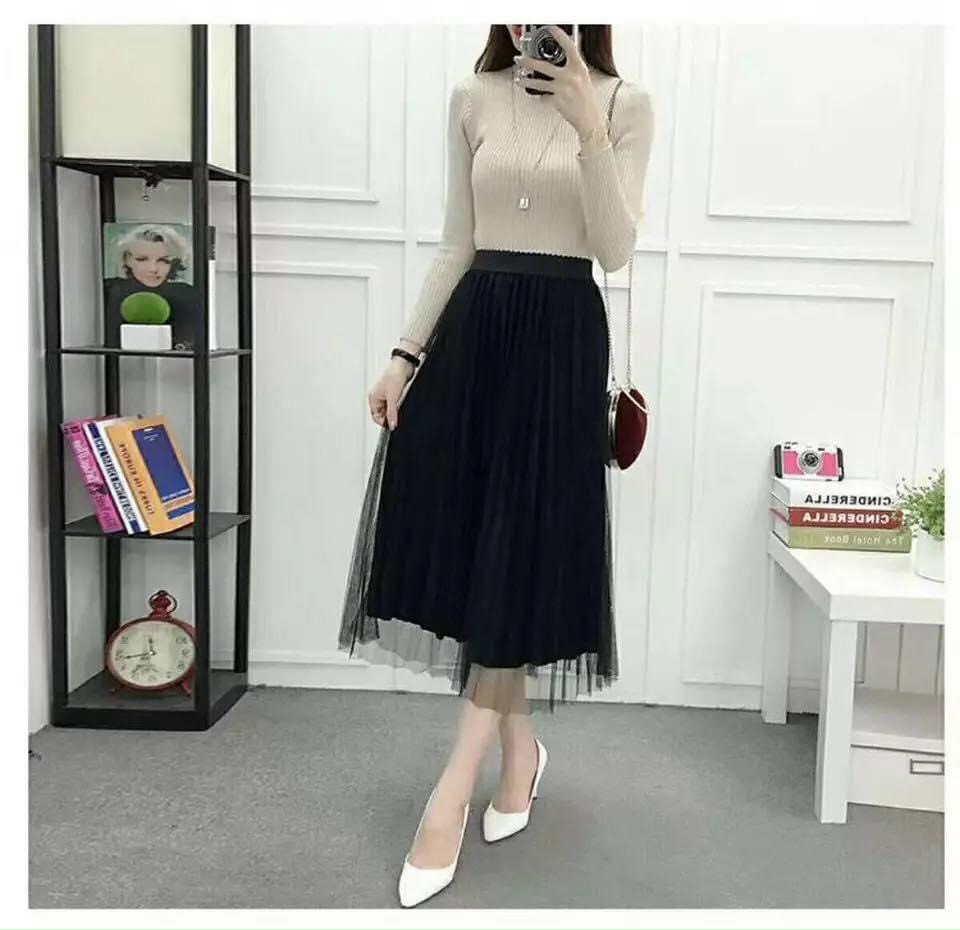 chân váy lưới midi xếp ly công chúa vải voan siêu phẩm