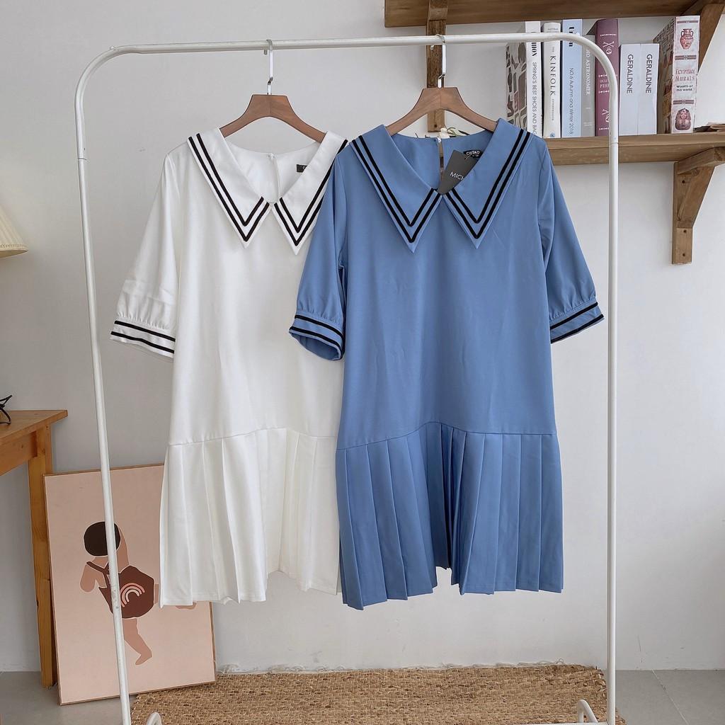 Váy suông cổ đức viền sọc, chân xếp ly, đầm xuông rộng tay lỡ 2 màu mã V167 - Michi's House