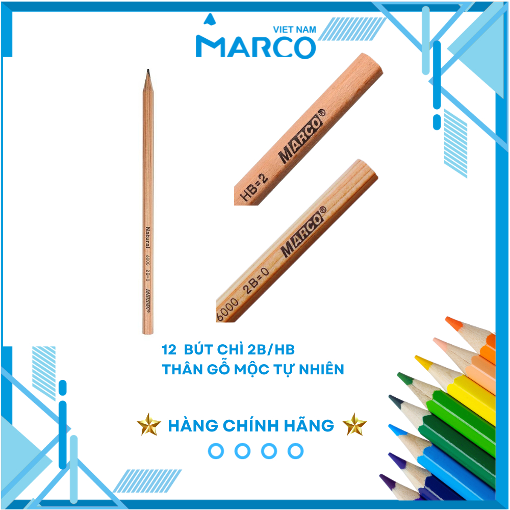 Hộp 12 Bút Chì 2B/HB Marco Thân Gỗ Mộc 6000-12CB - Bút chì phù hợp thi trắc nghiệm, ngòi chì mềm dễ chuốt, tập viết