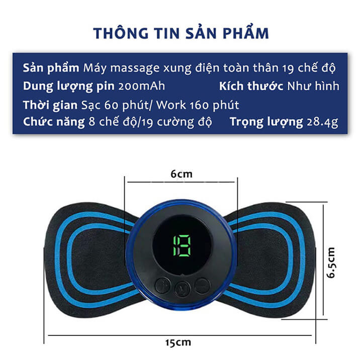 Miếng Dán Massage Xung Điện Cổ Vai Gáy, Bắp Tay, Lưng Bằng Xung Điện Giảm Đau Nhức Hiệu Qủa - Máy Mat xa Toàn Thân 8 Chế Độ, 19 mức cường độ