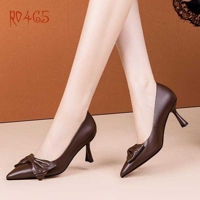 Giày cao gót nữ đính nơ, gót nhọn ROSATA RO465 - 6p - Đen, Nâu - HÀNG VIỆT NAM - BKSTORE