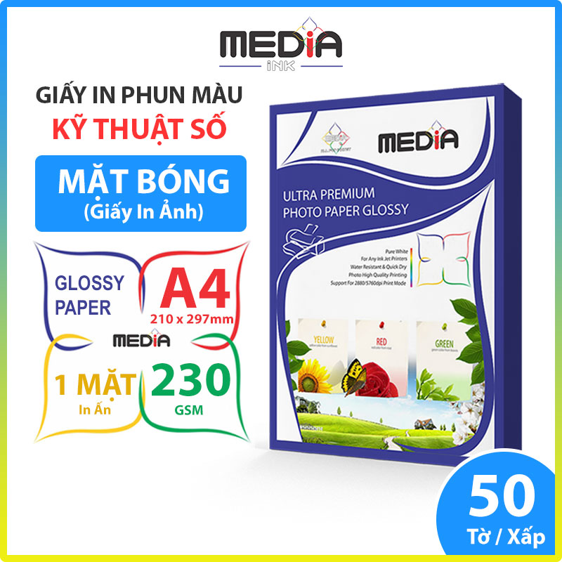 Giấy In Ảnh Media Ink 1 Mặt Bóng (Glossy) A4 230/210/180gsm 50 tờ, Giấy In Màu Giấy In Phun Màu Tài Liệu - Hàng Chính Hãng