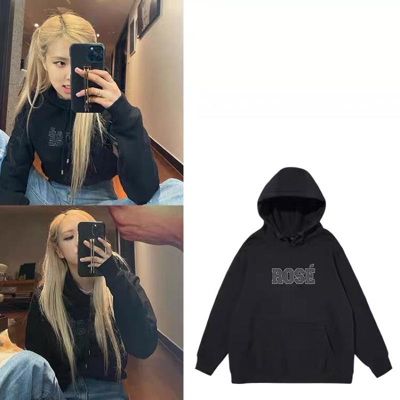 Áo hoodie đen in chữ Rosé BLACKPINK