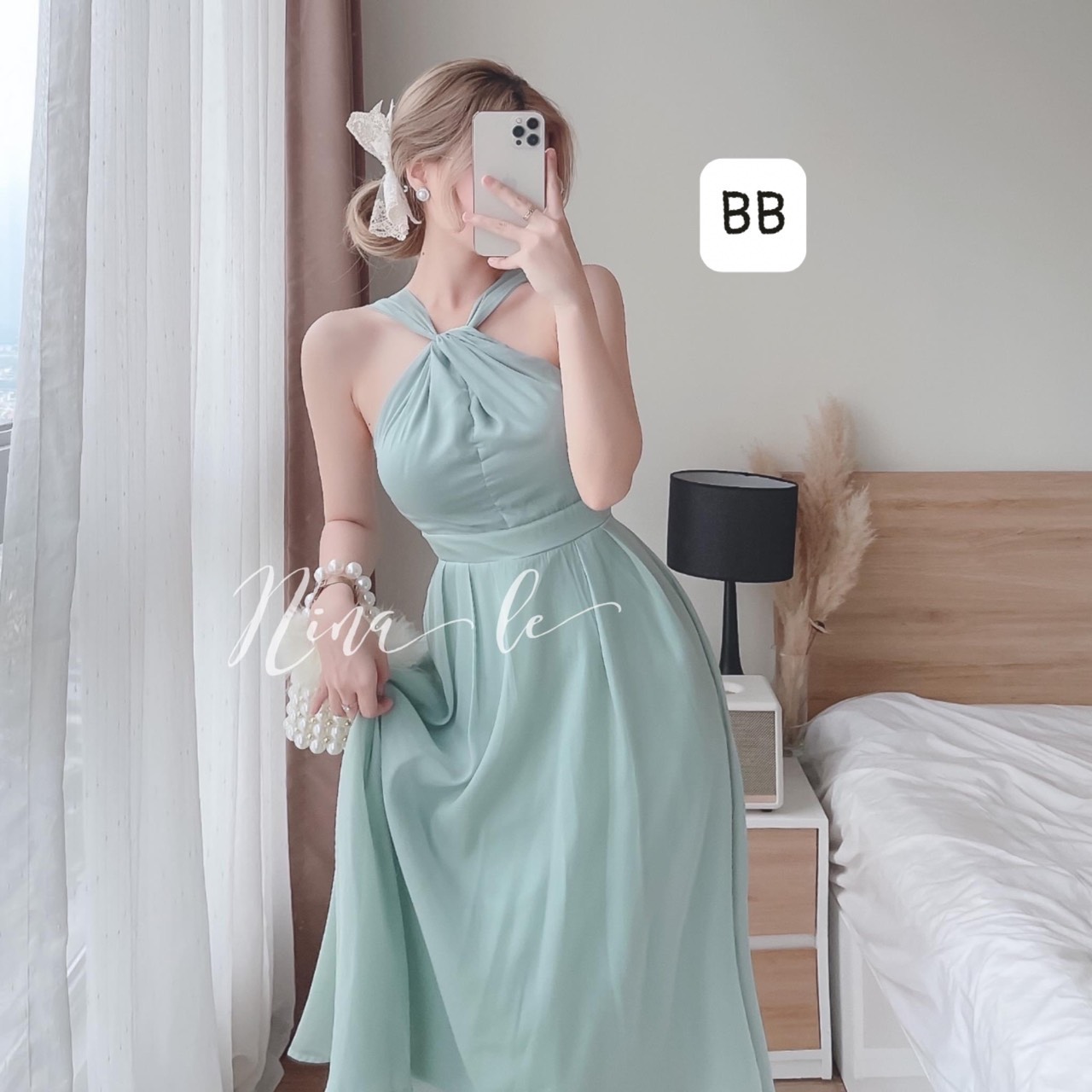 Váy đầm tơ chéo cổ tiểu thư sang chảnh