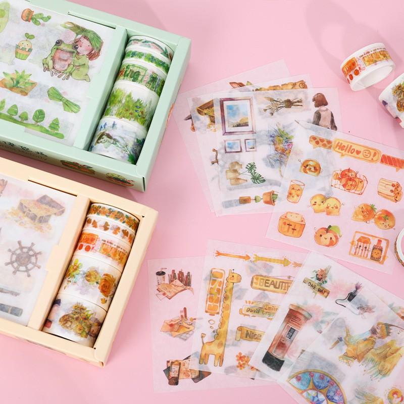 Set Combo Hộp Washi tape và giấy dán Sticker cao cấp họa tiết hoạt hình dễ thương 6 mẫu tại Corgi Shop