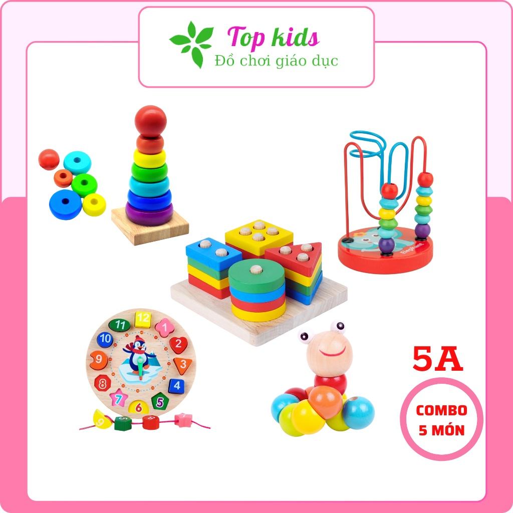 Đồ chơi gỗ thông minh montessori combo 5 bộ xếp hình khối giáo dục sớm cho bé trai bé gái 1 2 3 4 5 6 tuổi