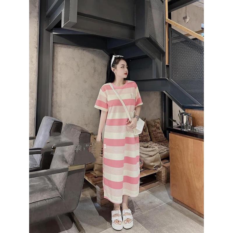 Váy V40, Đầm Suông Kẻ In Hình Tai Thỏ From Rộng, Dáng Dài Chất Cotton