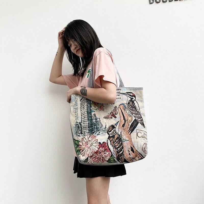 Túi tote vải in hình dễ thương chất liệu cói vải canvas cao cấp