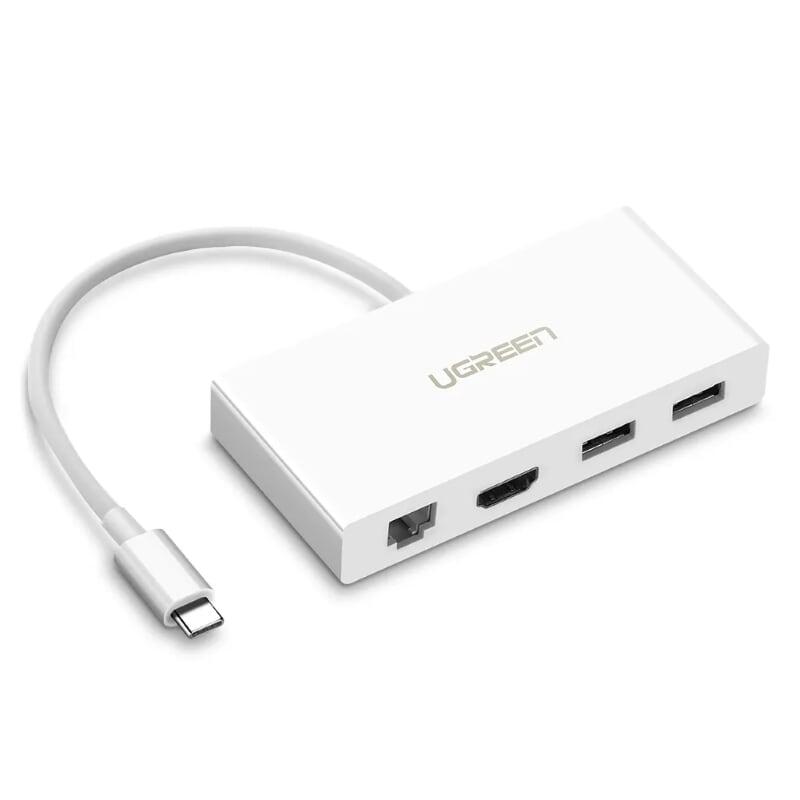 Ugreen UG40377MM134TK 15CM màu Trắng Bộ chuyển đổi TYPE C sang 2 USB 3.0 + HDMI + LAN bọc nhựa ABS - HÀNG CHÍNH HÃNG