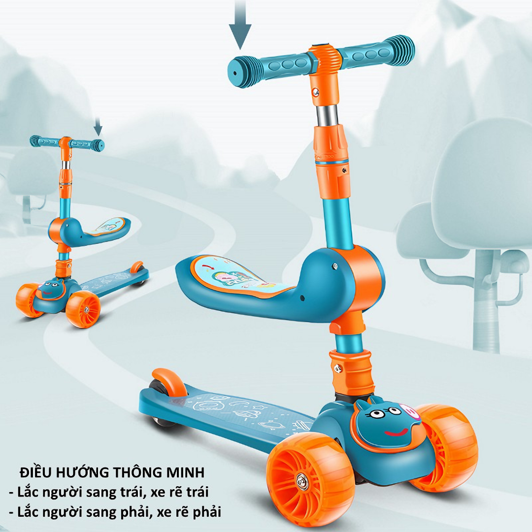 Xe trượt Scooter 2 tầng có nhạc đèn, ghế ngồi, bánh 5cm phát sáng, gấp gọn chỉnh độ cao an toàn cho bé - Hàng chính hãng