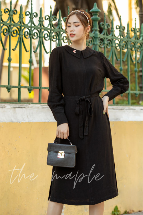 Đầm Linen form suông dài thắt eo Đen