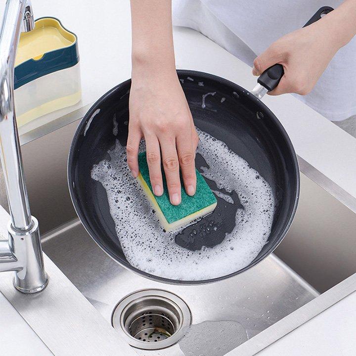 Hộp bơm dầu rửa chén bát, Hộp đựng nước rửa chén thông mình có kèm mút rửa chén 380 ml, tiện lợi, thông minh