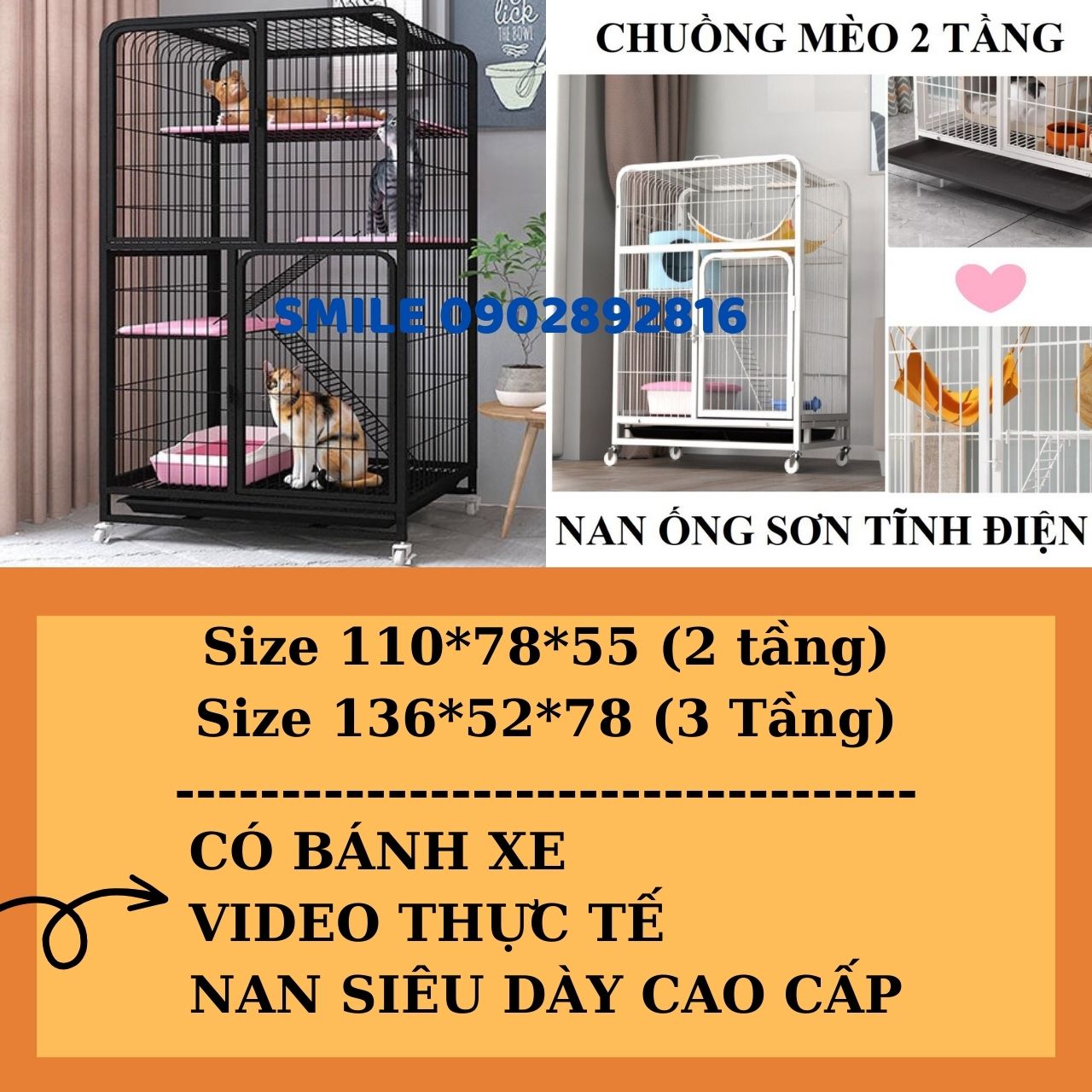 Chuồng Mèo 2 Tầng, 3 Tầng Nan Ống Cao Cấp Siêu Dày Size Đại - Cam kết giống hình 100%