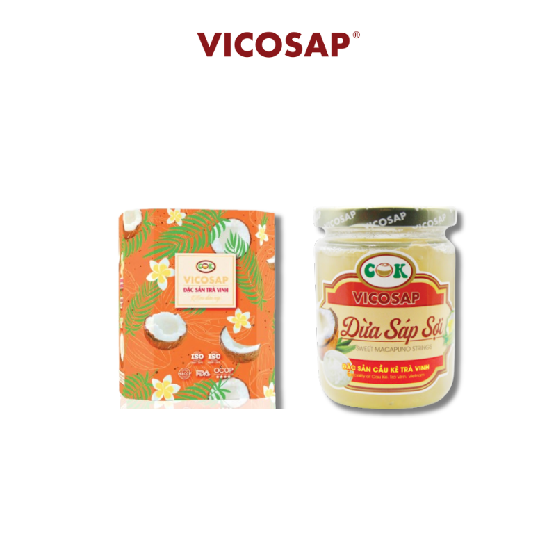 [COMBO 02 VICOSAP] 1 hũ Dừa Sáp Sợi 220ml &amp; Kẹo Dừa Sáp Mix 3 vị hộp 100g