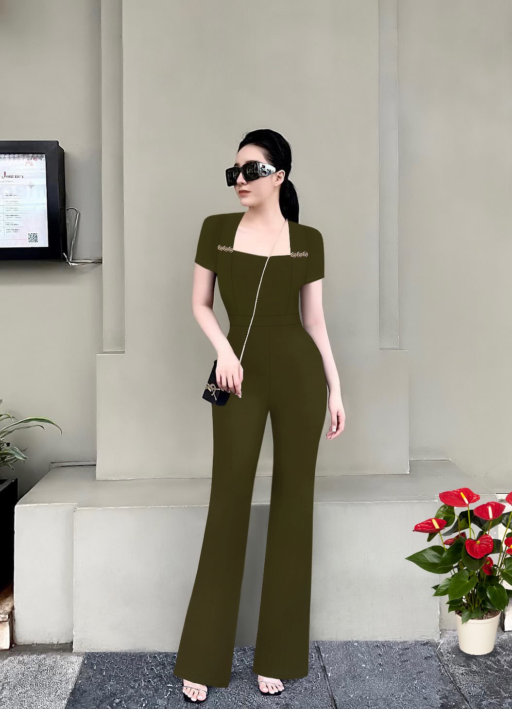 Jum dài ống loe dây kéo lưng áo cổ vuông phối nút trước ngực xinh xắn