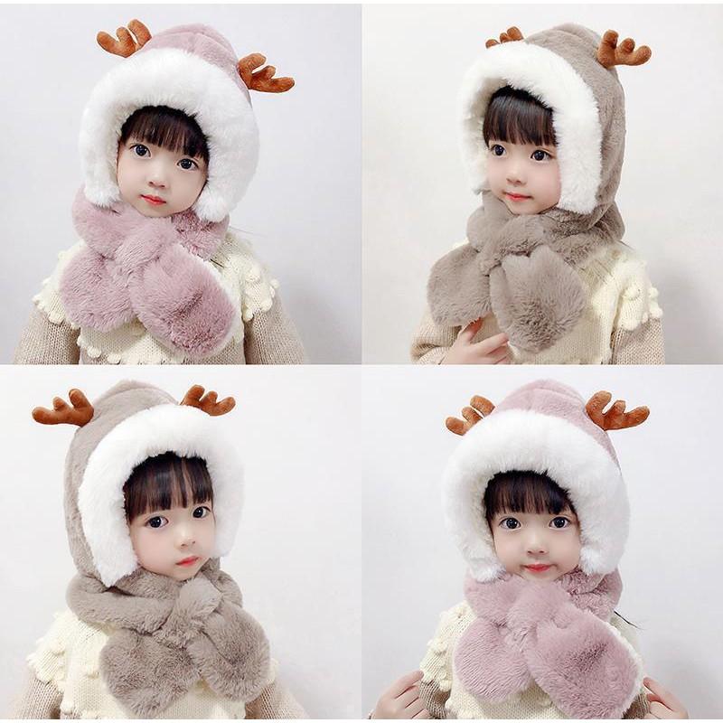 Mũ lông sừng tuần lộc kèm khăn quàng cổ lông mềm cho bé từ 3 đến 8 tuổi phong cách Hàn Quốc