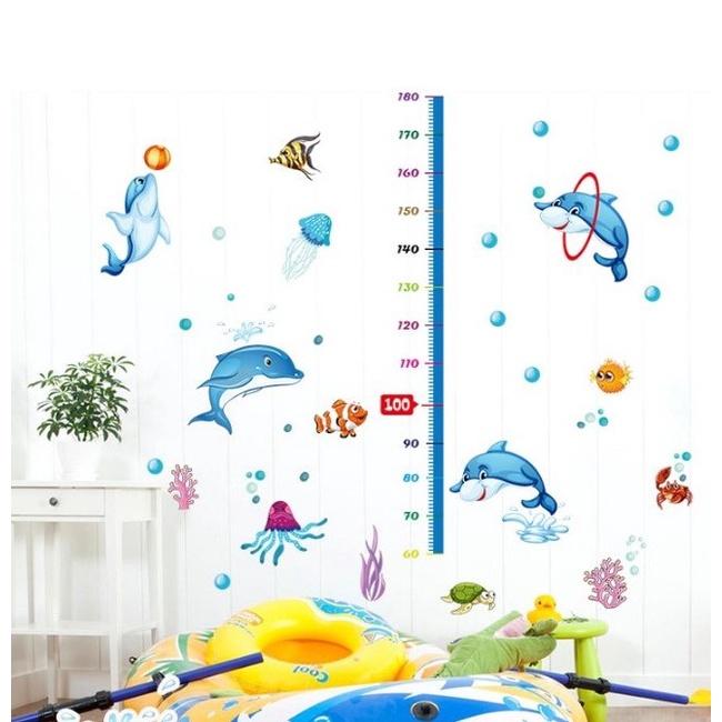 Decal dán tường chi tiết Thước Đo chiều cao Cá Heo Xanh cho bé
