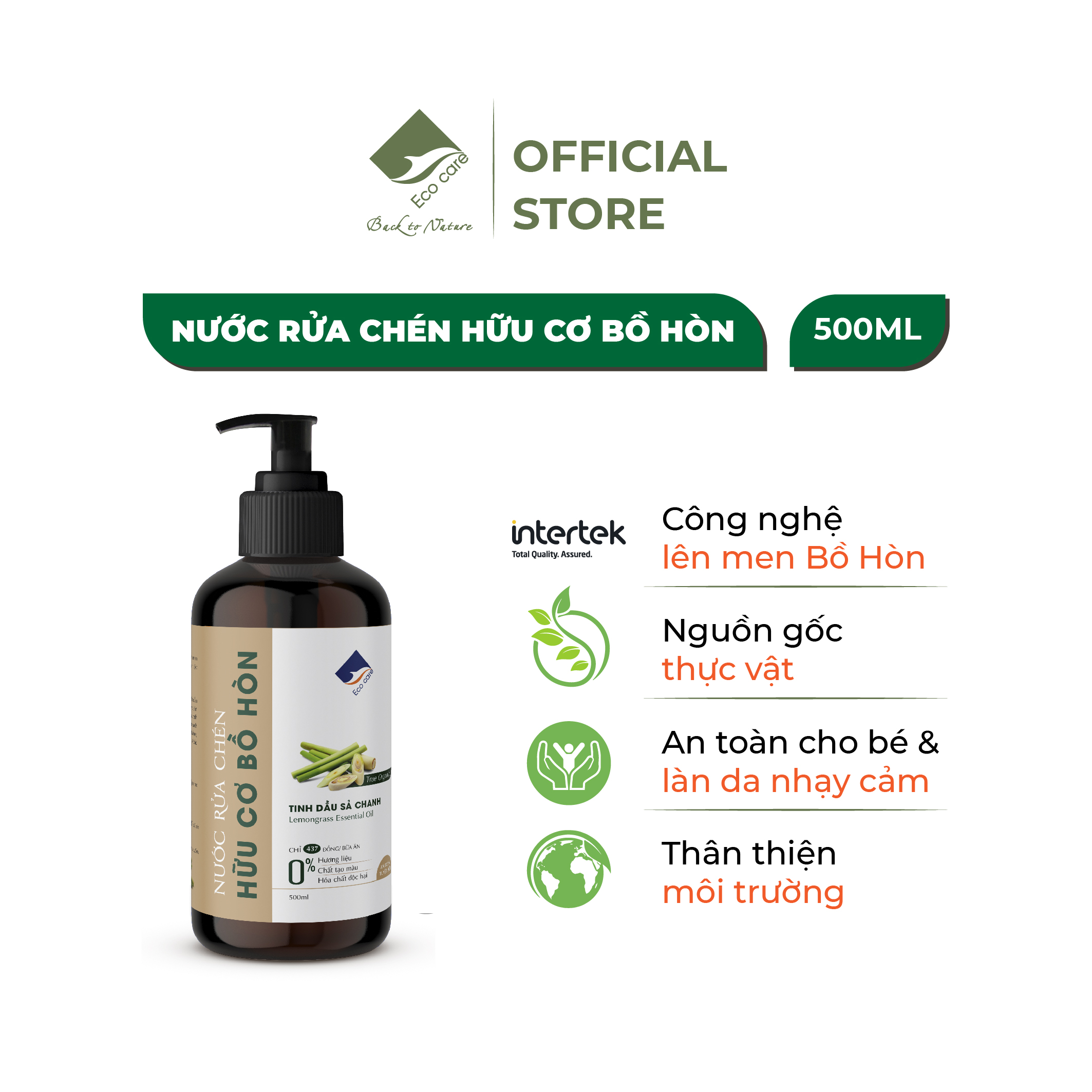 Nước Rửa Chén Hữu Cơ Bồ Hòn Và Tinh Dầu Sả Chanh 500ml thương hiệu Ecocare