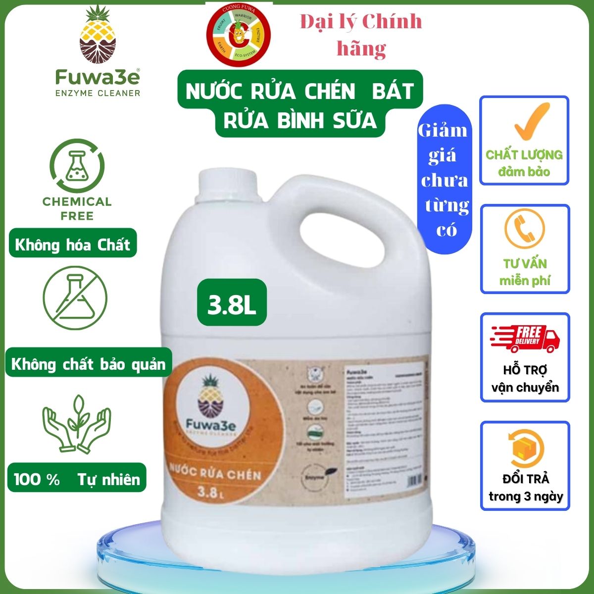 Nước Rửa chén hữu cơ sinh học 100% từ enzyme dứa tự nhiên, nước rửa bình sữa an toàn cho bé dung tích 3800ml