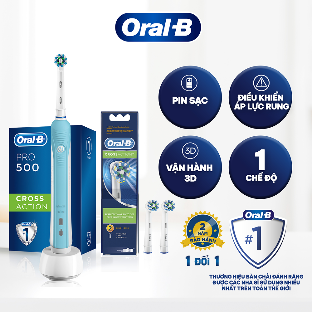 Combo Bàn Chải Điện ORAL-B Pro 500 Cross Action Xanh Làm Sạch Sâu Từng Kẽ Răng 1 Bàn Chải Pro 500 + 2 Đầu Bàn Chải Cross Action Thay Thế