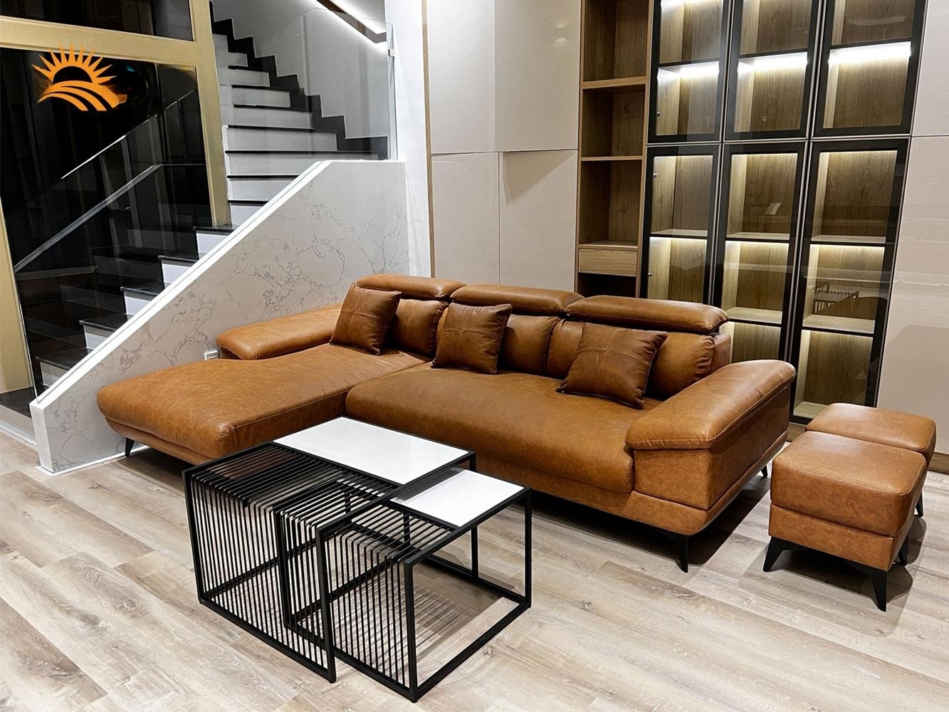 Sofa góc L da bò Italy Juno sofa màu nâu SFLCT17 2m8 x 1m6 hàng cao cấp chuẩn da bò nhập khẩu Ý