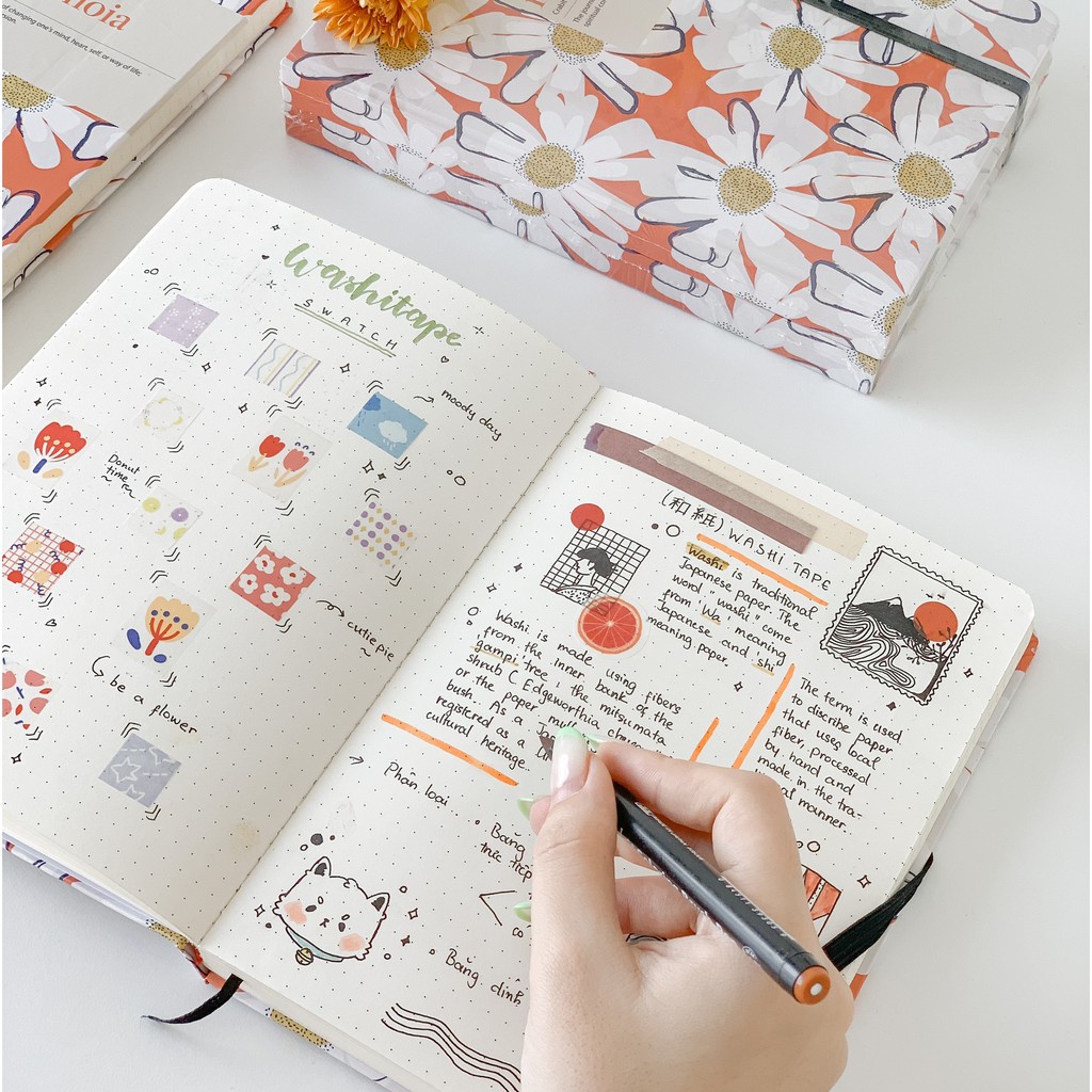 Sổ tay hoa cúc nền cam - Sổ ghi chép - Sổ chấm - Sổ bìa cứng - Daisy Dotted - 180 trang/100gsm