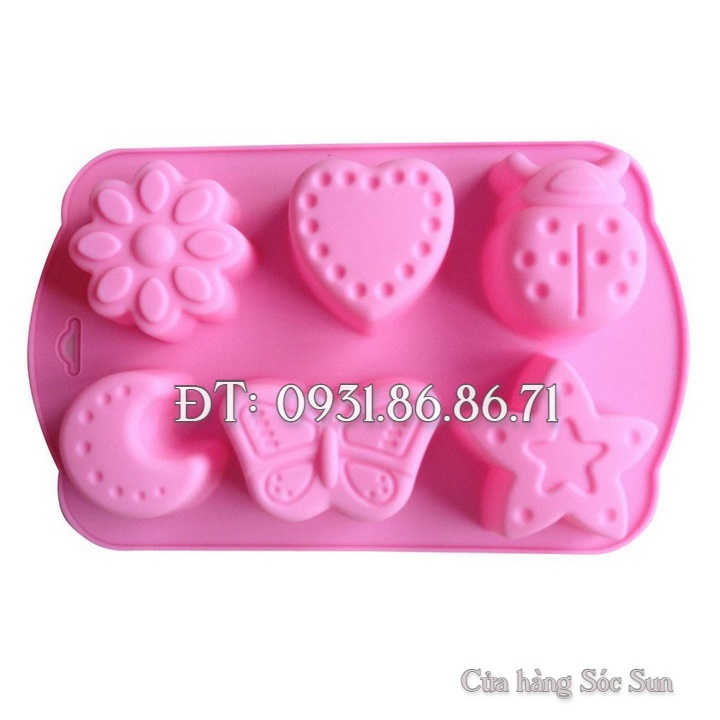 Khuôn silicon 6 hình trăng, sao, bươm bướm, cánh cam, trái tim – Mã số 1266