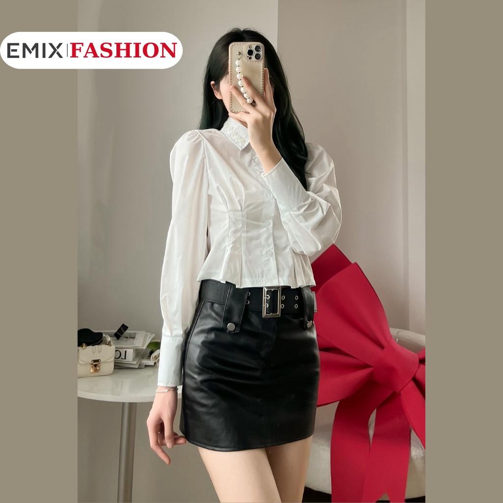 Áo sơ mi trắng phối cổ đính ngọc EMIX, croptop, dài tay. size dưới 48kg, chất thô boil