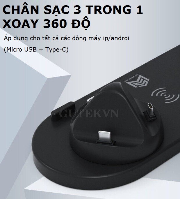 Đế sạc không dây 3 trong 1 sạc nhanh cho tai nghe bluetooth điện thoại máy tính bảng sạc nhanh Gutek BXD-07A - Hàng Chính Hãng